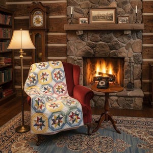 May include: A cozy living room scene featuring a red armchair draped with a colorful quilt. The quilt showcases star-shaped patterns in various colors. A lit fireplace, a floor lamp, and a grandfather clock add to the room's warm, inviting atmosphere.