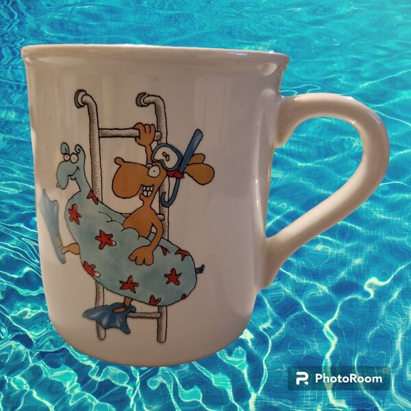 Vintage 1985 Hallmark Rim Shots Coffee Mug Japan Dog Inflatable Ring Pool Ladder