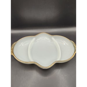 Vintage Fire King Anchor Hocking Divided Relish Dish Milk Glass Gold Rim USA