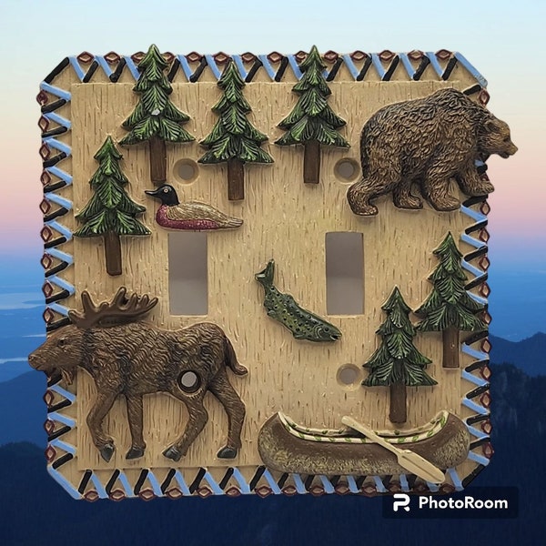 Borders Unlimited Mountain Retreat Double Switchplate Cabin Moose Bear Canoe 3D