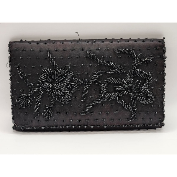 Rare Vintage Hong Kong Thalhimers Black Beaded Clutch Bag Satin Snap Closure
