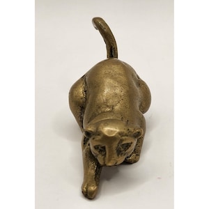 Vintage Solid Brass Miniature Crouching Cat Figurine Lucky Charm 2 3/4&quot;