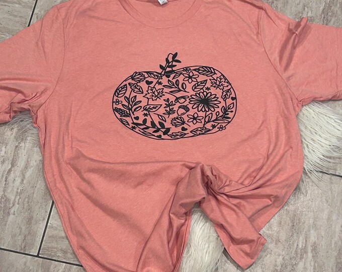 Floral Daisy Pumpkin Fall Shirt: Cotton Crew Neck
