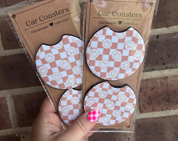 Smiley Face Checkered Car Coasters: Neoprene Car Accessories (Set of 2)