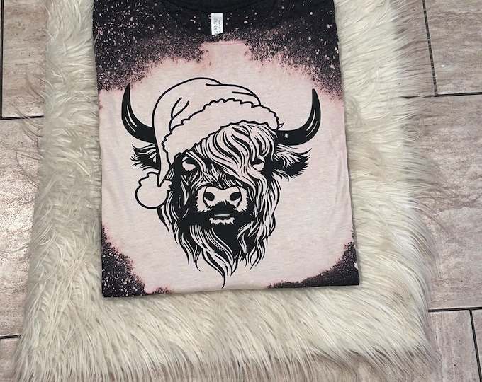 Highland Cow Christmas Shirt: Bleach Splatter Cotton Tee