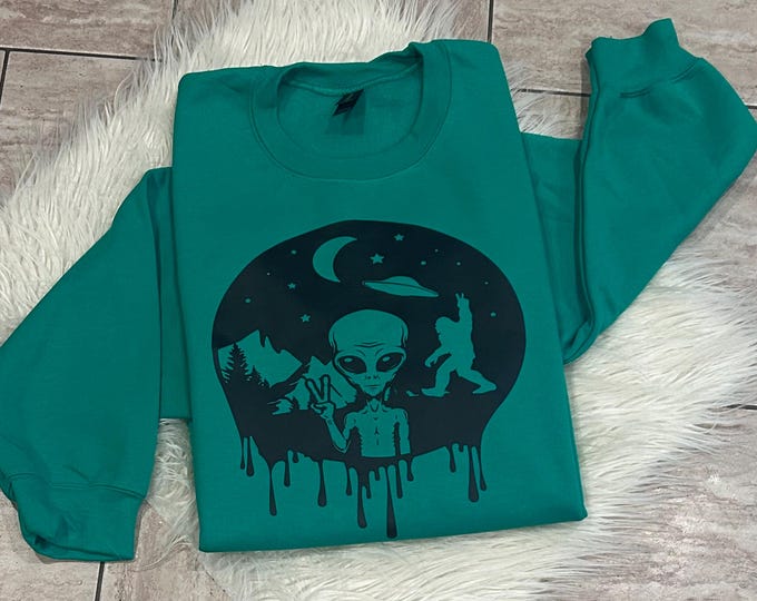Alien and Yeti Drip Graphic Tee: Funny Bigfoot UFO Shirt