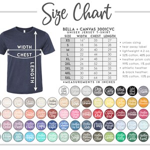 May include: A navy blue unisex jersey t-shirt with a size chart. The chart displays measurements in inches for sizes XS to 5XL, including width, chest, and length. Color swatches are also shown.