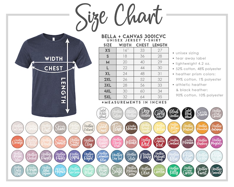 May include: A navy blue unisex jersey t-shirt with a size chart. The chart displays measurements in inches for sizes XS to 5XL, including width, chest, and length. Color swatches are also shown.