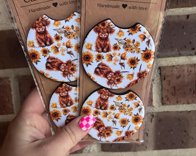 Highland Cow Car Coasters: Absorbent Neoprene Car Accessories