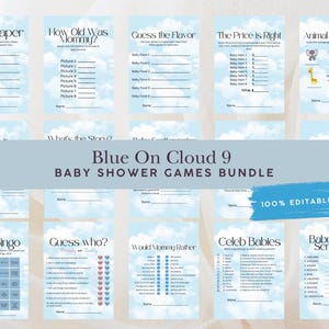 Blue On Cloud 9 Baby Shower Games Bundle, Editable Baby Shower Games Template, We’re on Cloud Nine, Canva Template, 5x7 Printable Games