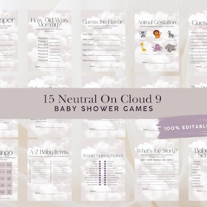 Neutral On Cloud 9 Baby Shower Games Bundle, Editable Baby Shower Games Template, We’re on Cloud Nine, Canva Template, 5x7 Printable Games