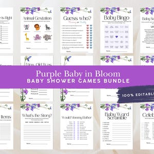 Purple Baby in Bloom Baby Shower Canva Games | Floral Baby Shower Games | Customizable Digital Template | Baby in Bloom