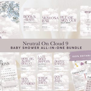 Neutral On Cloud 9 Baby Shower All-In-One Bundle, Editable Baby Shower Games, Signs & Activities Canva Templates, We’re on Cloud Nine,