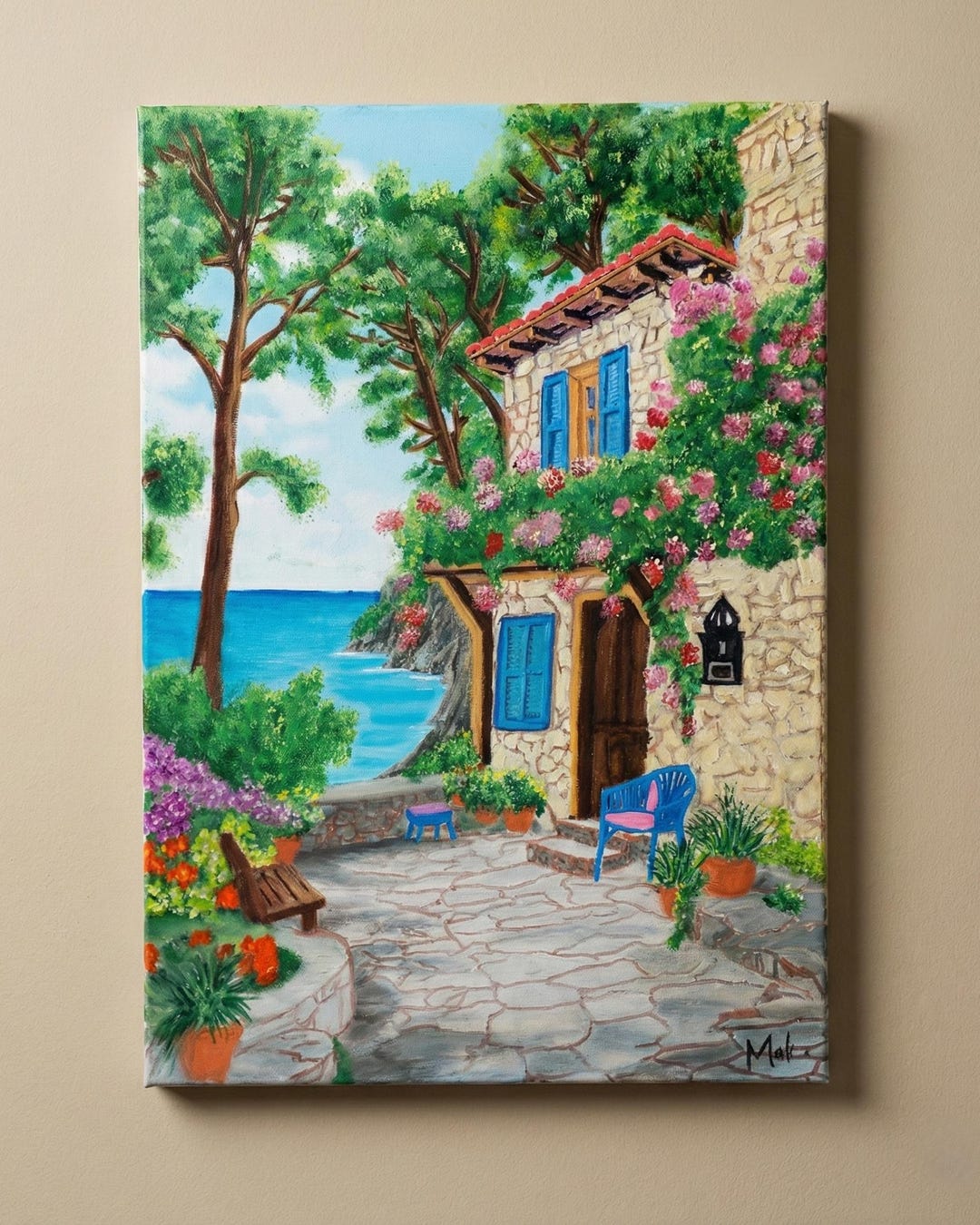 Mediterranean Village Oil Painting, Coastal Stone House Art, Greek ...