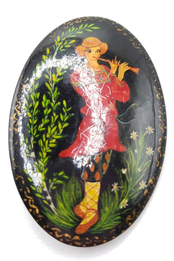 Artist Signed Russian Lacquer Brooch - image 1