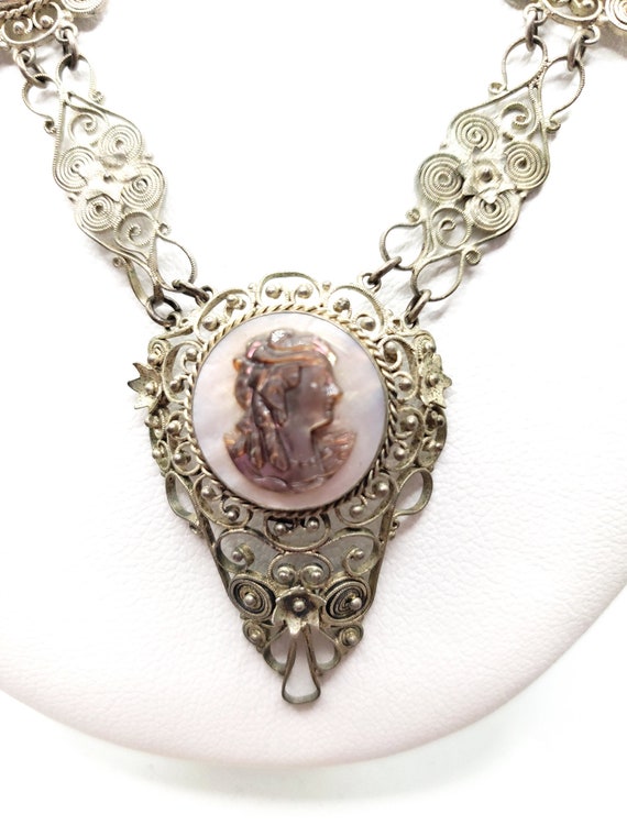 Abalone Mother of Pearl 800 Silver Cameo Necklace