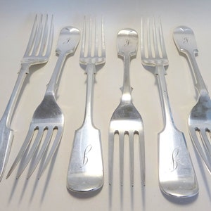 Set of 6 Antique James Dixon Fiddle Pattern Dinner Forks, Table Forks, Silver Plated Dinner Forks, Engraved Initial J