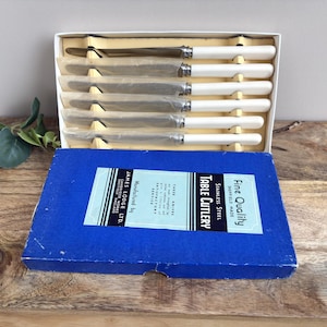 Cubiertos de postre vintage de Sheffield, juego de 6 piezas en caja, mangos color crema.