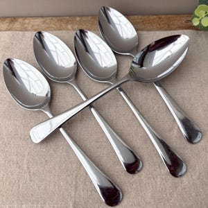 Puede incluir: Un juego de cinco cucharas de acero inoxidable pulido con cuencos redondeados y lisos y mangos cónicos. Las cucharas están dispuestas en forma de abanico, con una cuchara colocada horizontalmente sobre las demás, reflejando la luz.