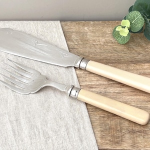 May include: A silver-plated serving knife and fork set featuring smooth, cream-colored handles and polished metal blades. The knife blade displays an engraved floral pattern, while the fork has four tines and a curved neck, both with silver ferrules.