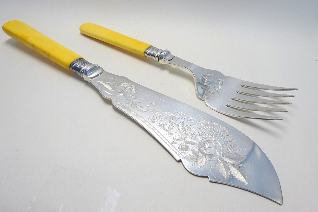 Antique Fish Servers, Salmon Servers, Engraved English Rose & Scottish