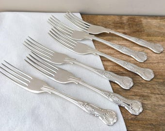 Vintage Kings Pattern Dessert/Salad Forks, Set of 6, Sheffield Silver Plate