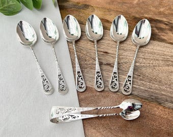 Juego de cucharillas de té y pinzas para azúcar chapadas en plata vintage, diseño ornamentado, Sanderson Sheffield