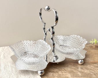 Edwardian Silver Plate Twin Jam Stand With Glass Bowls and Carry Handle