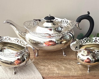 Vintage Wm Adams Silver Plate Tea Set, Openwork Rims, c1925-1935