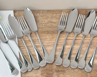 Vintage Sheffield Stainless Fish Cutlery, 12 Piece Set, Old English Pattern