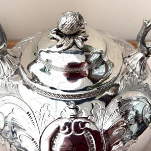 Antique Victorian Silver Plated Teapot, Repoussé Decoration, Ornate Footed Teaware image 9