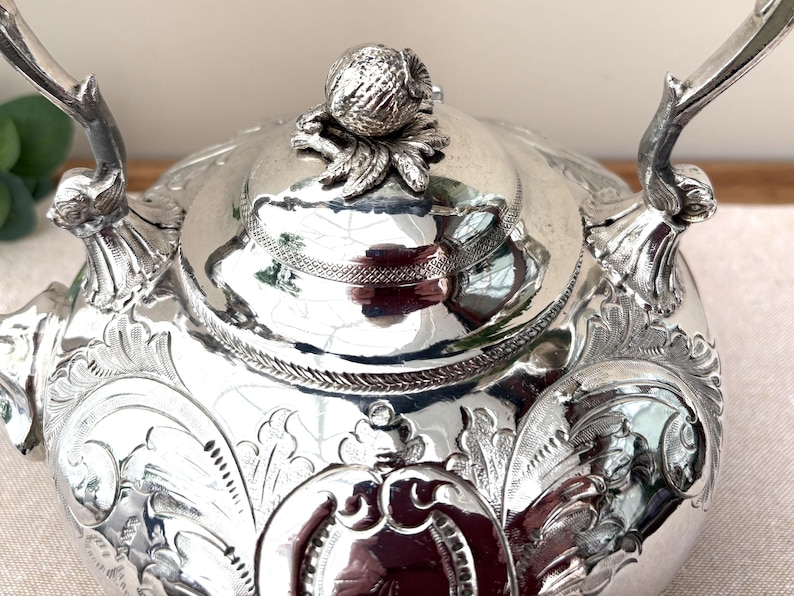 Antique Victorian Silver Plated Teapot, Repoussé Decoration, Ornate Footed Teaware image 9