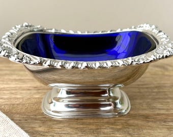 Vintage Silver Plated Salt Cellar, Cobalt Glass Liner, Pedestal Footed Condiment Dish