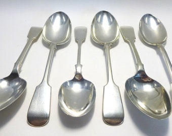 Mixed Set of 6 Victorian Fiddle Pattern Dessert Spoons, Benetfink & Co etc, Distressed Look