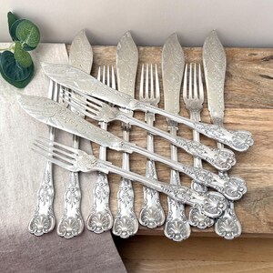Antique Victorian Dessert or Fish Cutlery Set, 12 Pieces, Queen’s Pattern
