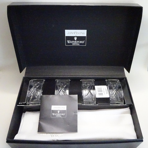 Waterford Crystal John Rocha 'Signature' Napkin Rings and Napkins in Original Presentation Box, Set of 4, Waterford Crystal Napkin Rings