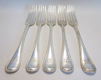 Set of 5 Antique Silver Plated Dessert Forks - Bead Pattern - Monogrammed - Brooksbank, Sheffield