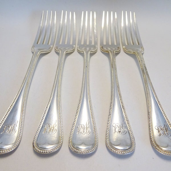 Set of 5 Antique Silver Plated Dessert Forks - Bead Pattern - Monogrammed - Brooksbank, Sheffield