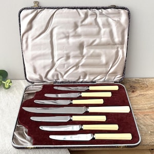 Art-déco-Teebesteckset aus Sheffield-Edelstahl, Originaletui, Vintage-Kuchenschneider