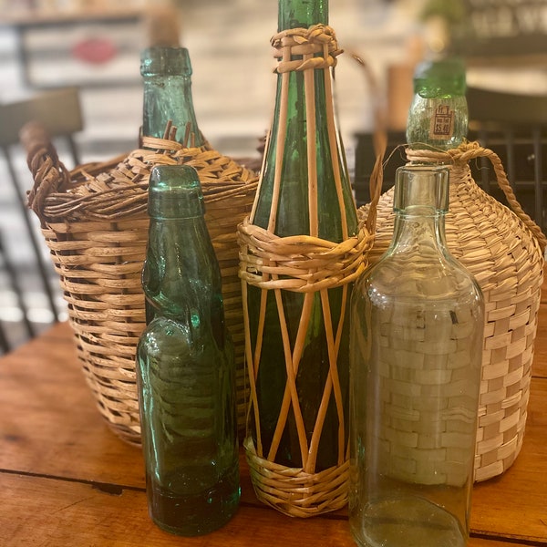 Vintage / Antique European - Assorted - Wicker/Rattan-Covered Rustic Demijohn Wine Bottles - Codd Neck Soda Bottle-