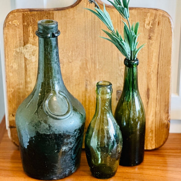 Antique European - French - Olive Green Glass Bottles - Soda - Wine Bottles - Hand Blown Glass - Air Bubbles - Turn of the Century