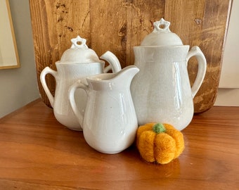 Gorgeous Antique Ironstone Teapot, Sugar Bowl and Creamer - Stamped Stone China