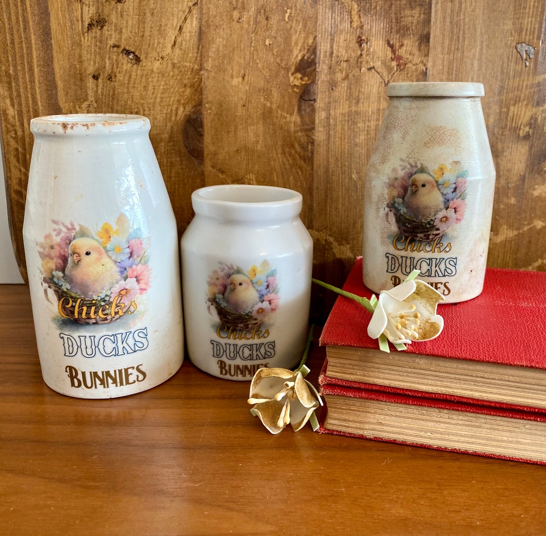 Antique English Ironstone Cream Pots Upcycled With New Easter Transfer