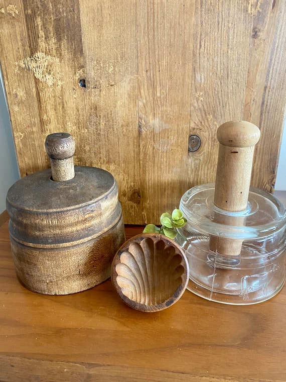 Antique Vintage Glass & Wooden Butter Molds Pine Tree Flower, Cow