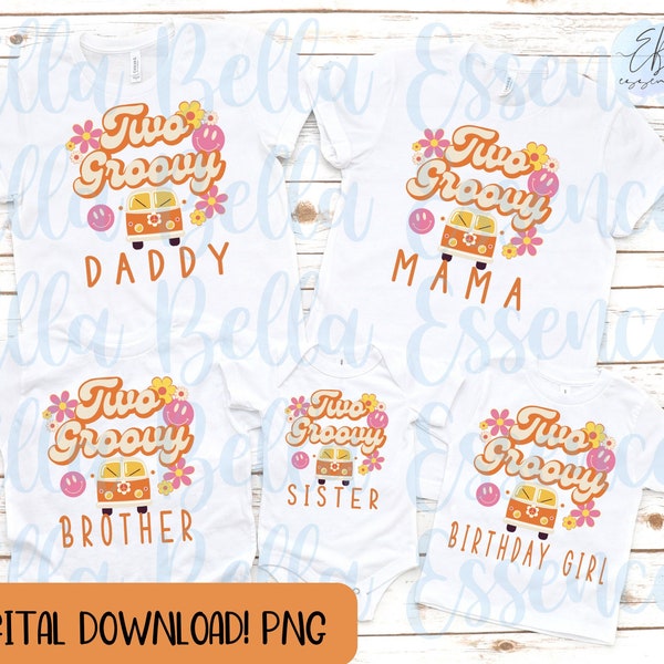 Two Groovy birthday girl shirt design png, groovy family birthday pngs for sublimation, DTF png, two groovy birthday party, two year old