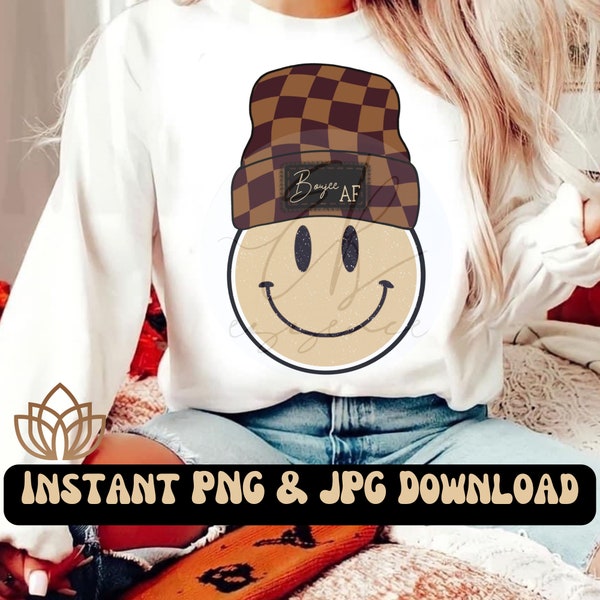 Boujee AF smiley png, happy face beanie, luxury png, Neutral Smiley sublimation image, Digital download, PNG, checkered  smiley