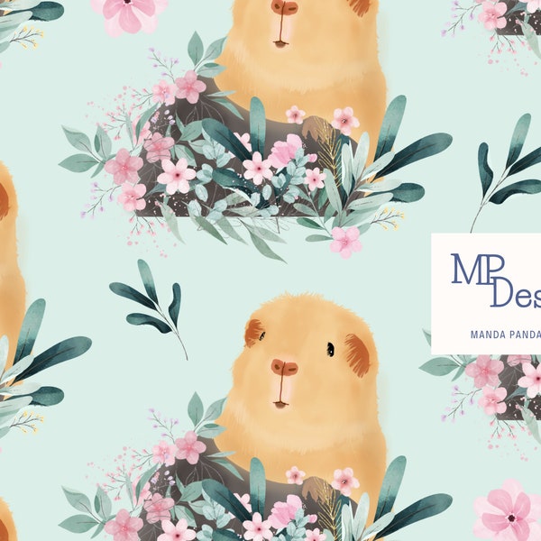 Cute guinea pig seamless file, girly guinea pig and flowers seamless pattern, pattern for girl, sweet fabric pattern, guinea pig fabric