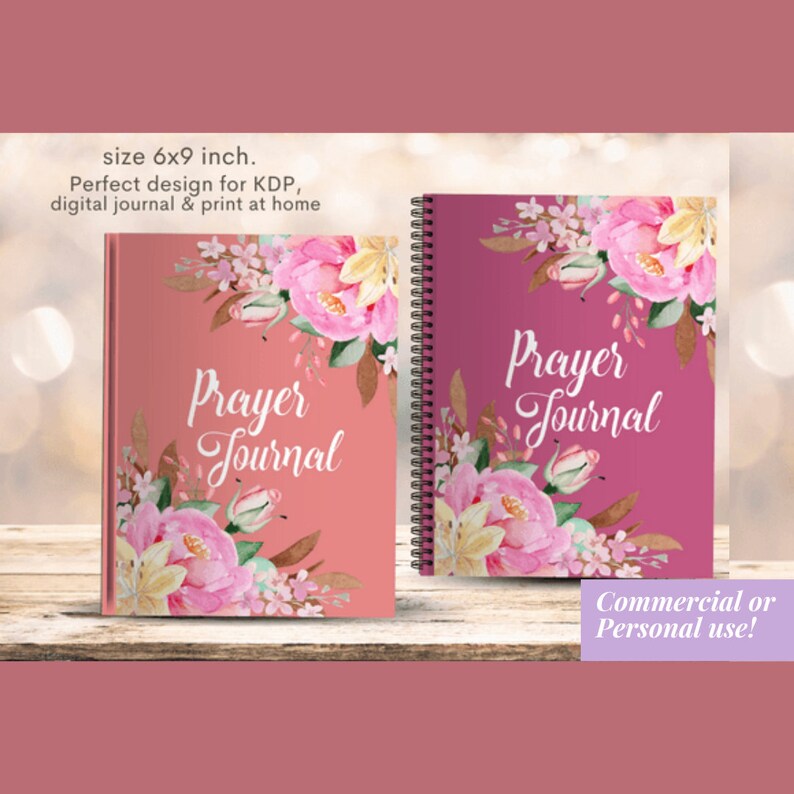 Puede incluir: Dos portadas de diario de oraci&oacute;n de color rosa y melocot&oacute;n con dise&ntilde;os florales. Las portadas miden 15,24 x 22,86 cm y presentan el texto "Prayer Journal".