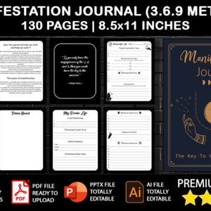 Puede incluir: Una maqueta de producto digital para un diario de manifestación con una portada azul oscuro que presenta una luna creciente y dos manos. El texto de la portada dice "Diario de manifestación" y "La clave para tu vida de ensueño". El diario tiene 130 páginas y mide 21,6 cm x 27,9 cm.