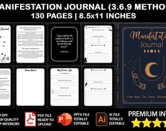 EDITABLE Digital Manifestation Journal | 130 Pages to Increase Productivity & Manifest Your Goals | 369 Method | Law of Attraction Planner